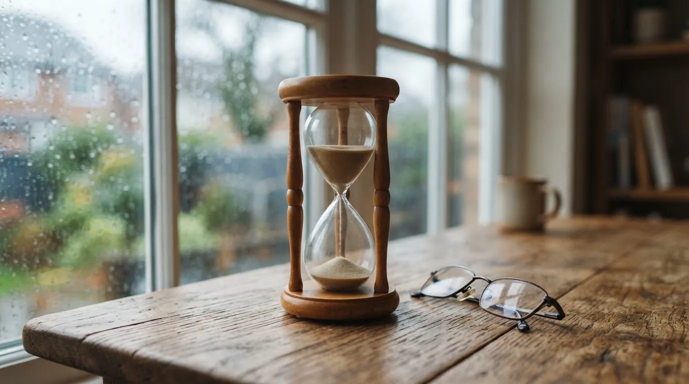 Eine Sanduhr steht auf einem Holztisch neben einer Brille, hinter dem Fenster laufen Regentropfen über das Glas.
