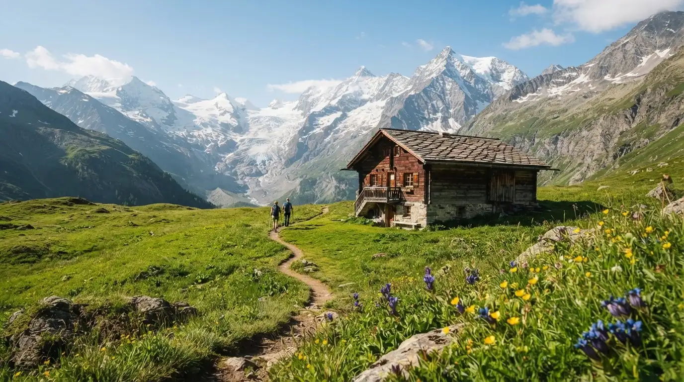 Ein Wanderweg führt über eine Alpwiese zu einem Holzchalet, dahinter ragen verschneite Gipfel in den Himmel.
