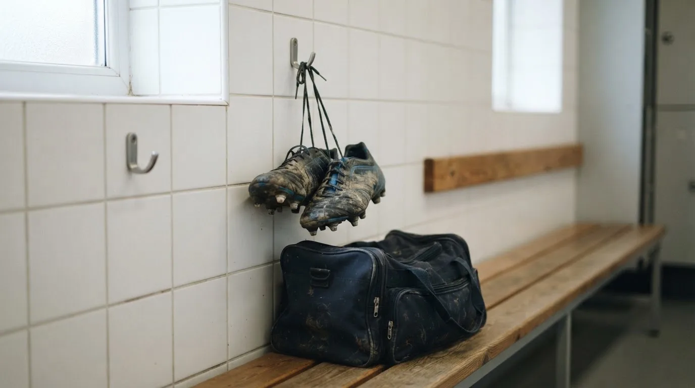Ein Paar Fussballschuhe hängt an einem Haken in einer ruhigen Umkleide, darunter steht eine Sporttasche auf einer Holzbank.
