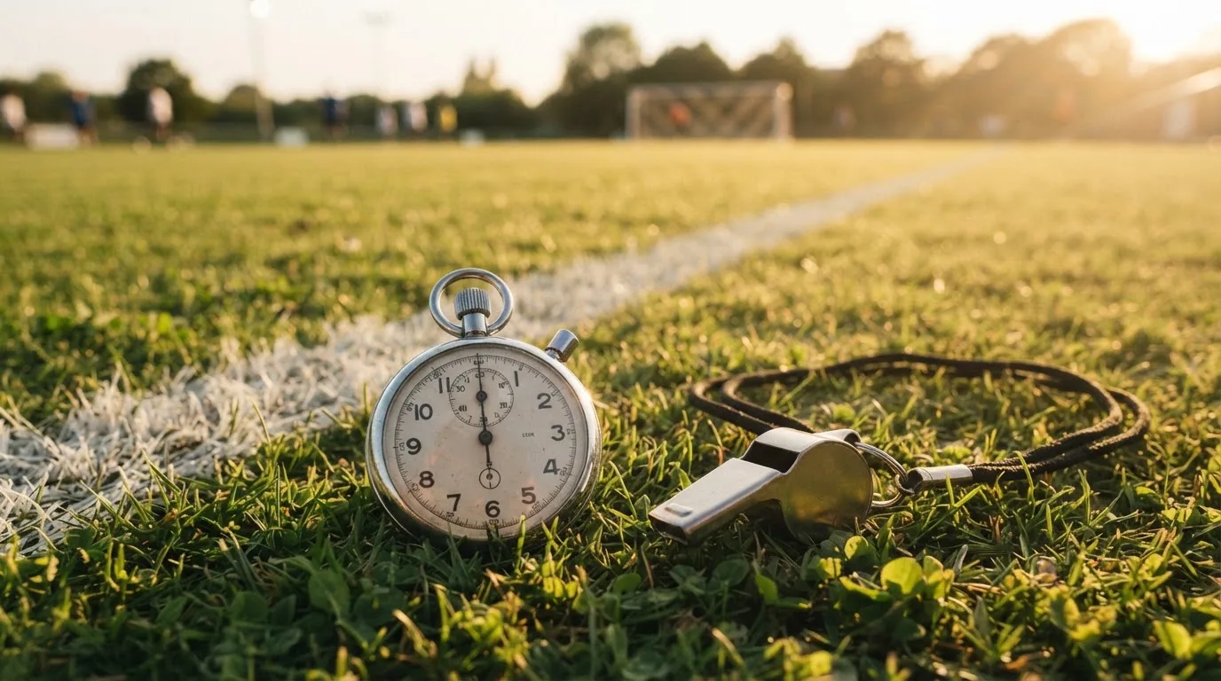 Eine Stoppuhr liegt neben einer Trillerpfeife auf einem Stück Rasen an der Seitenlinie eines Fussballfelds im Gegenlicht.