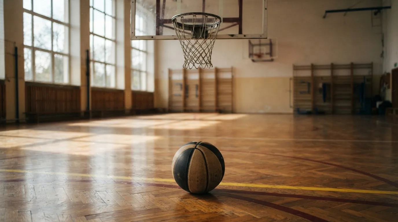 Ein Basketball liegt unter dem Korb in einer leeren Sporthalle, durch hohe Fenster fällt Tageslicht auf das Parkett.