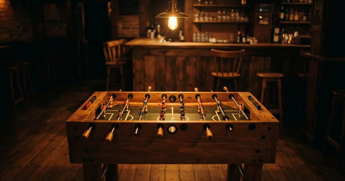 Ein hölzerner Tischfussball steht in einer leeren Bar, die Stangen mit den Figuren glänzen im Gegenlicht einer Lampe.