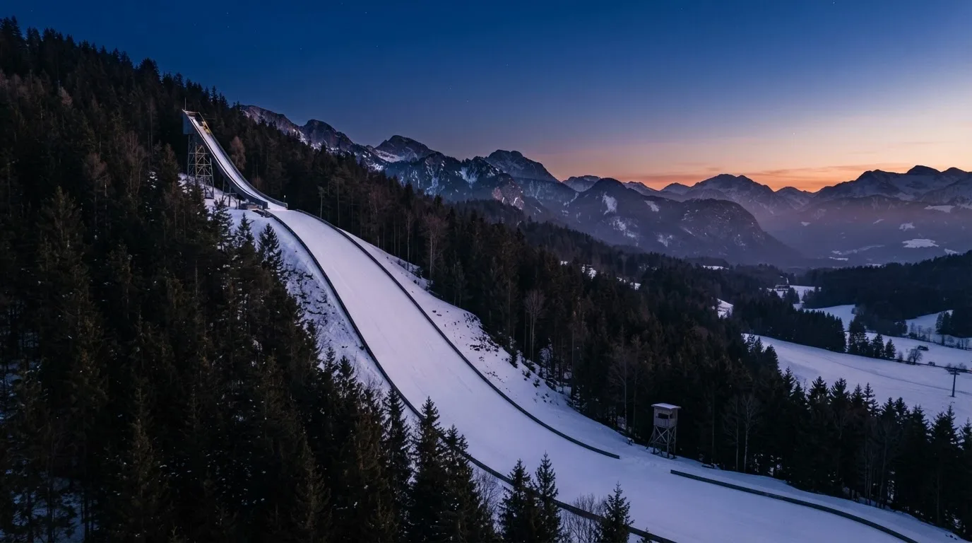 Eine Skisprungschanze ragt in der Dämmerung über einen Wald in den Alpen, der Auslauf liegt verschneit und leer da.