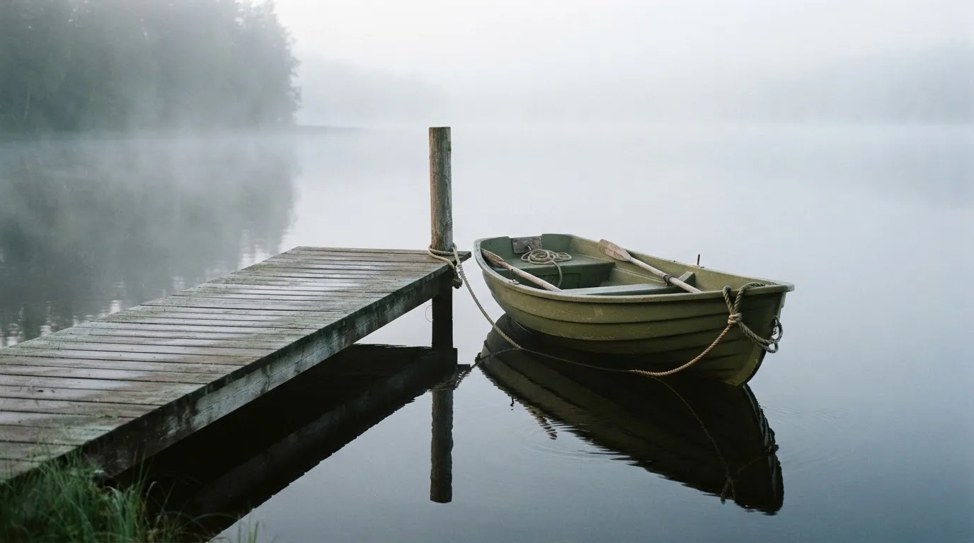 Ein Ruderboot liegt an einem Steg am Ufer eines Sees, über dem Wasser steigt dünner Nebel auf.