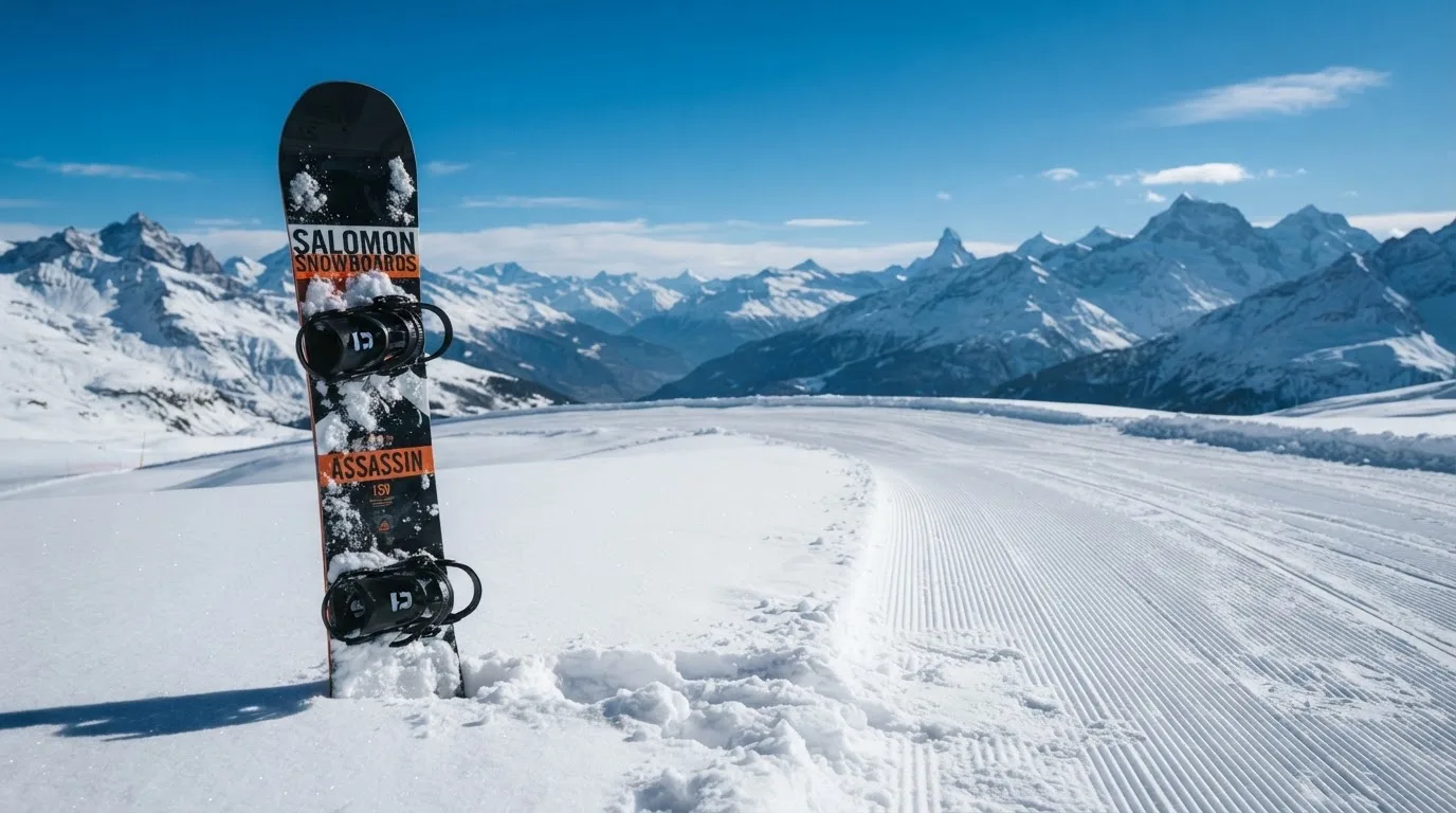 Ein Snowboard steckt aufrecht im Schnee am Rand einer Piste, dahinter spannt sich klarer Himmel über verschneiten Gipfeln.