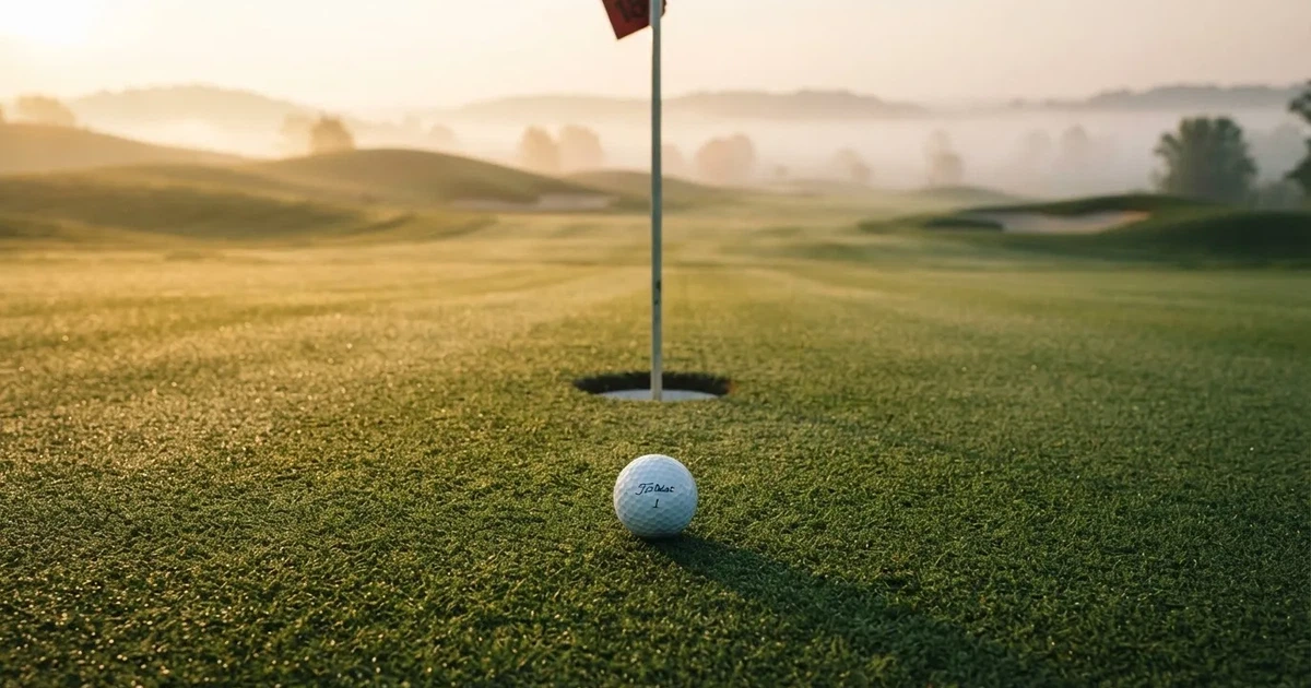 Ein Golfball liegt auf dem Grün nahe beim Loch, dahinter erstrecken sich sanfte Hügel im Nebel.