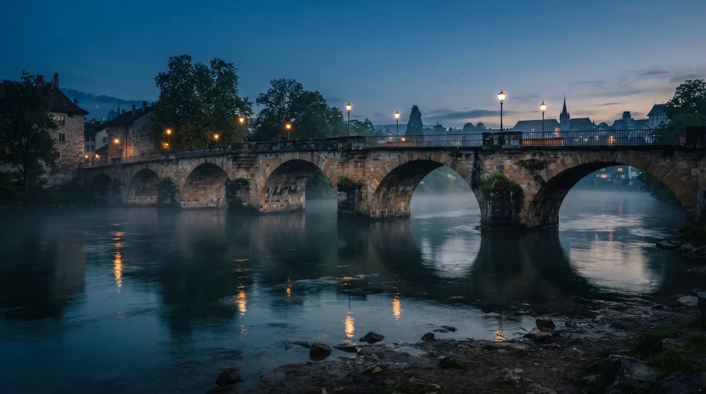 Eine Steinbrücke spannt sich in der Dämmerung über einen Fluss, auf dem Wasser liegt leichter Nebel.