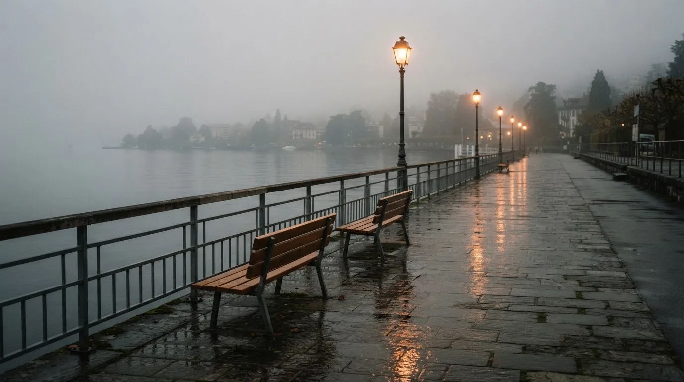 Eine Seepromenade mit leeren Bänken an einem nebligen Morgen, im Wasser spiegeln sich die Lichter der Uferlaternen.