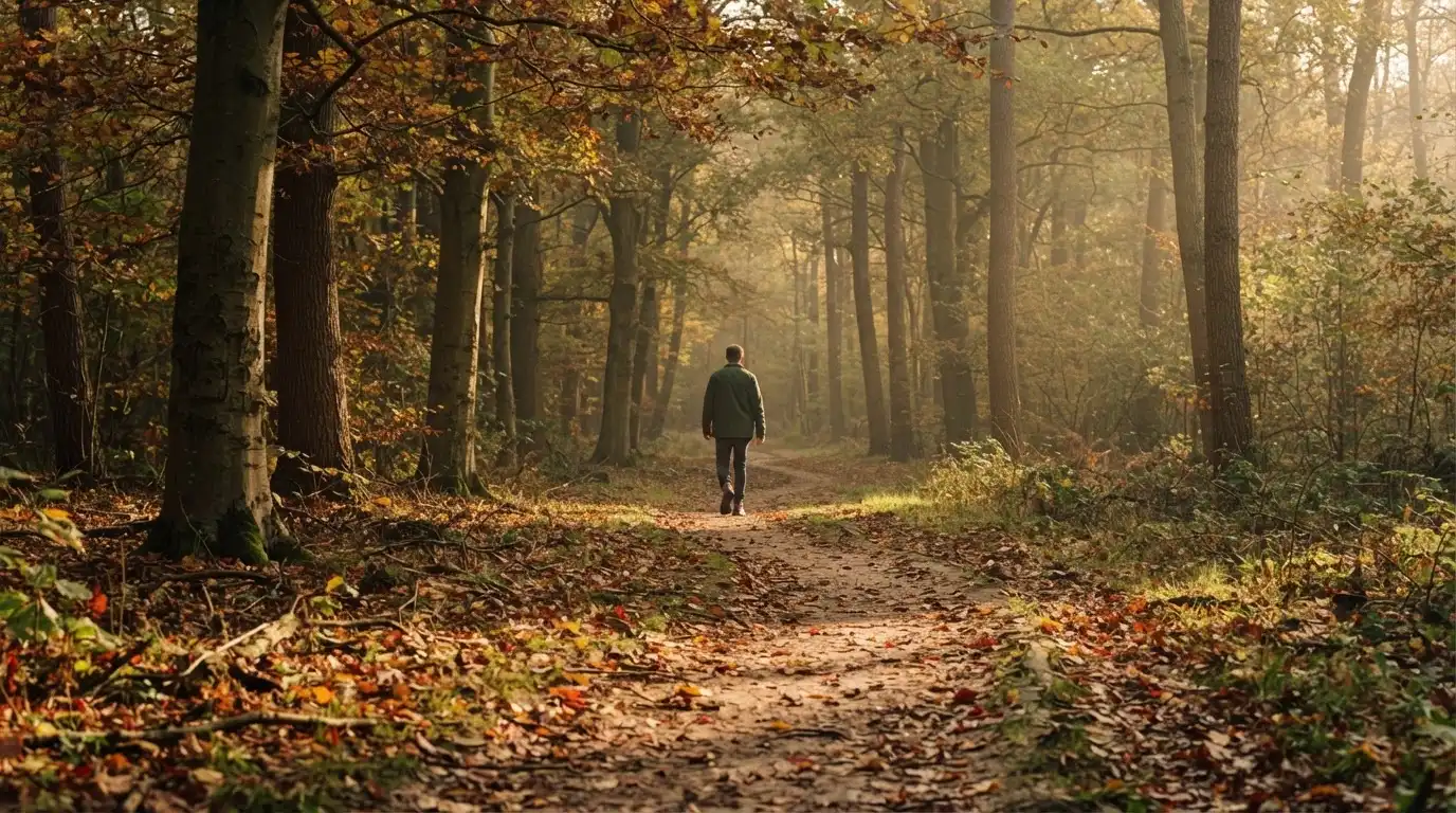 Ein Waldweg im Herbst mit buntem Laub, in der Ferne geht eine einzelne kleine Gestalt zwischen den Bäumen.