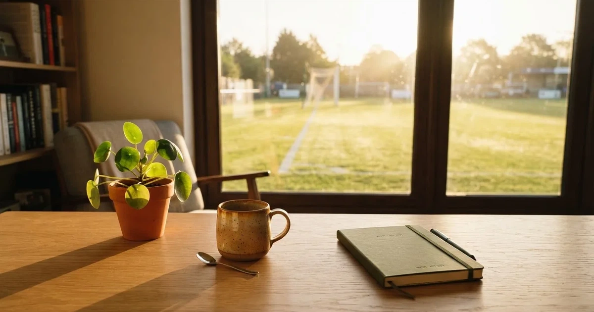 Ein aufgeräumter Schreibtisch mit Pflanze und Tasse in einem Heimbüro, vor dem Fenster liegt ein Fussballplatz im Gegenlicht.