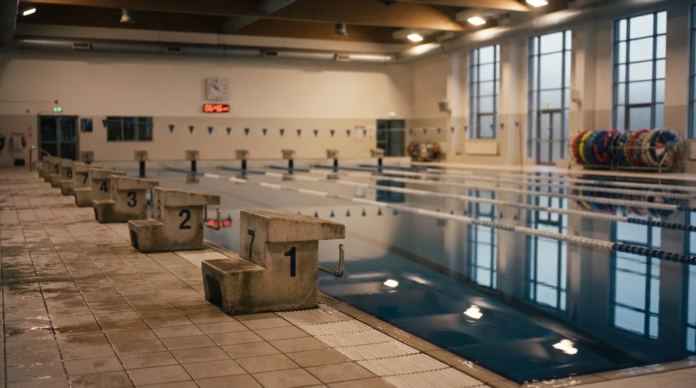 Ein leeres Schwimmbecken mit Startblöcken am Morgen, die Wasseroberfläche ist ruhig und spiegelt die Deckenlampen.