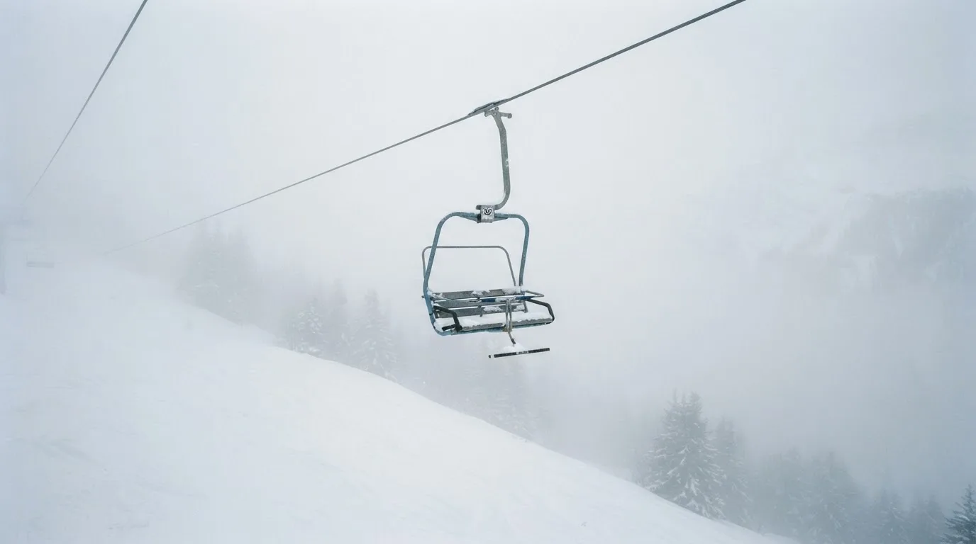 Ein Sessellift fährt leer durch dichten Nebel über eine winterliche Alp, unter ihm liegt unberührter Schnee.