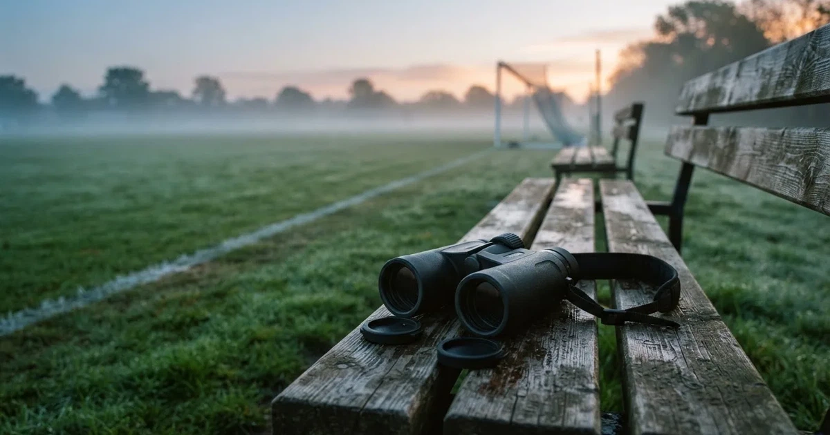 Ein Fernglas liegt auf einer leeren Holzbank an der Seitenlinie eines Fussballfelds, vom Rasen steigt Nebel auf.
