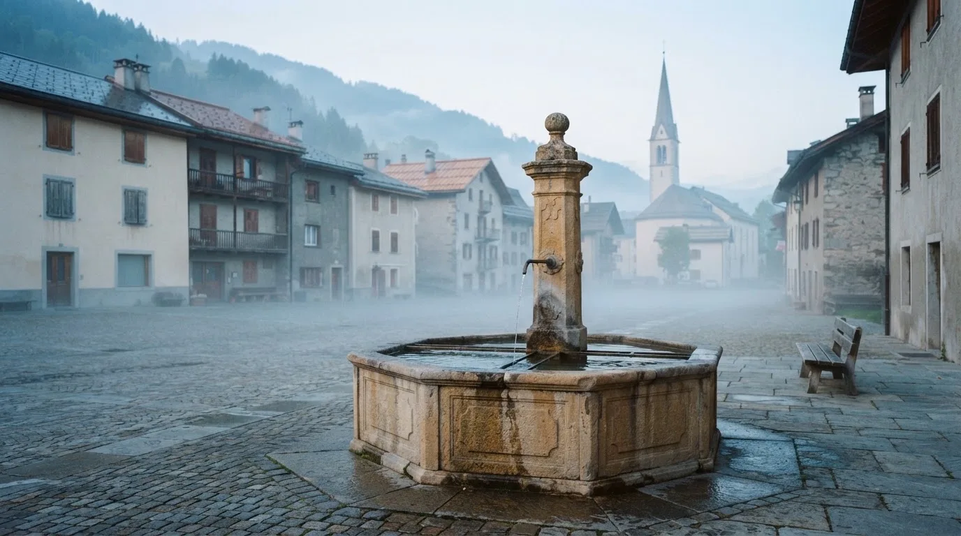 Ein stiller Dorfplatz mit einem Steinbrunnen im Frühlicht, auf dem Pflaster steht keine Person.