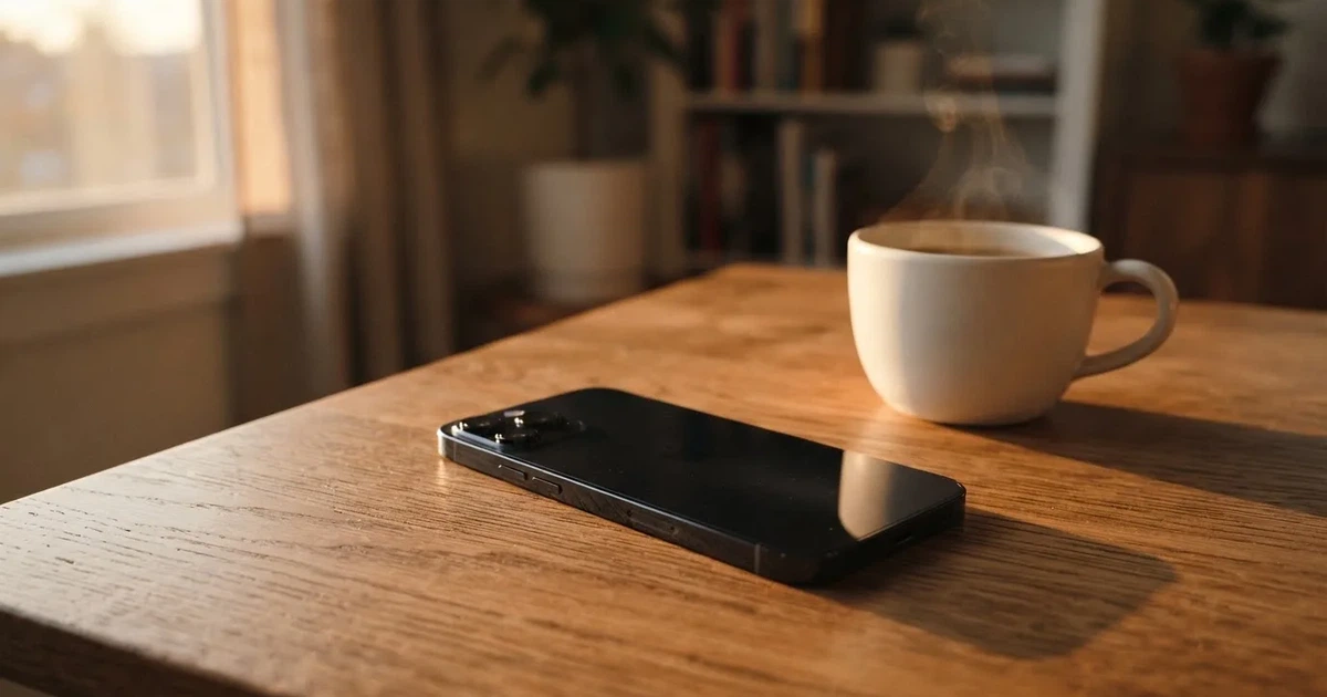 Ein Smartphone mit dunklem Display liegt auf einem Holztisch neben einer Kaffeetasse, durch das Fenster fällt warmes Abendlicht.