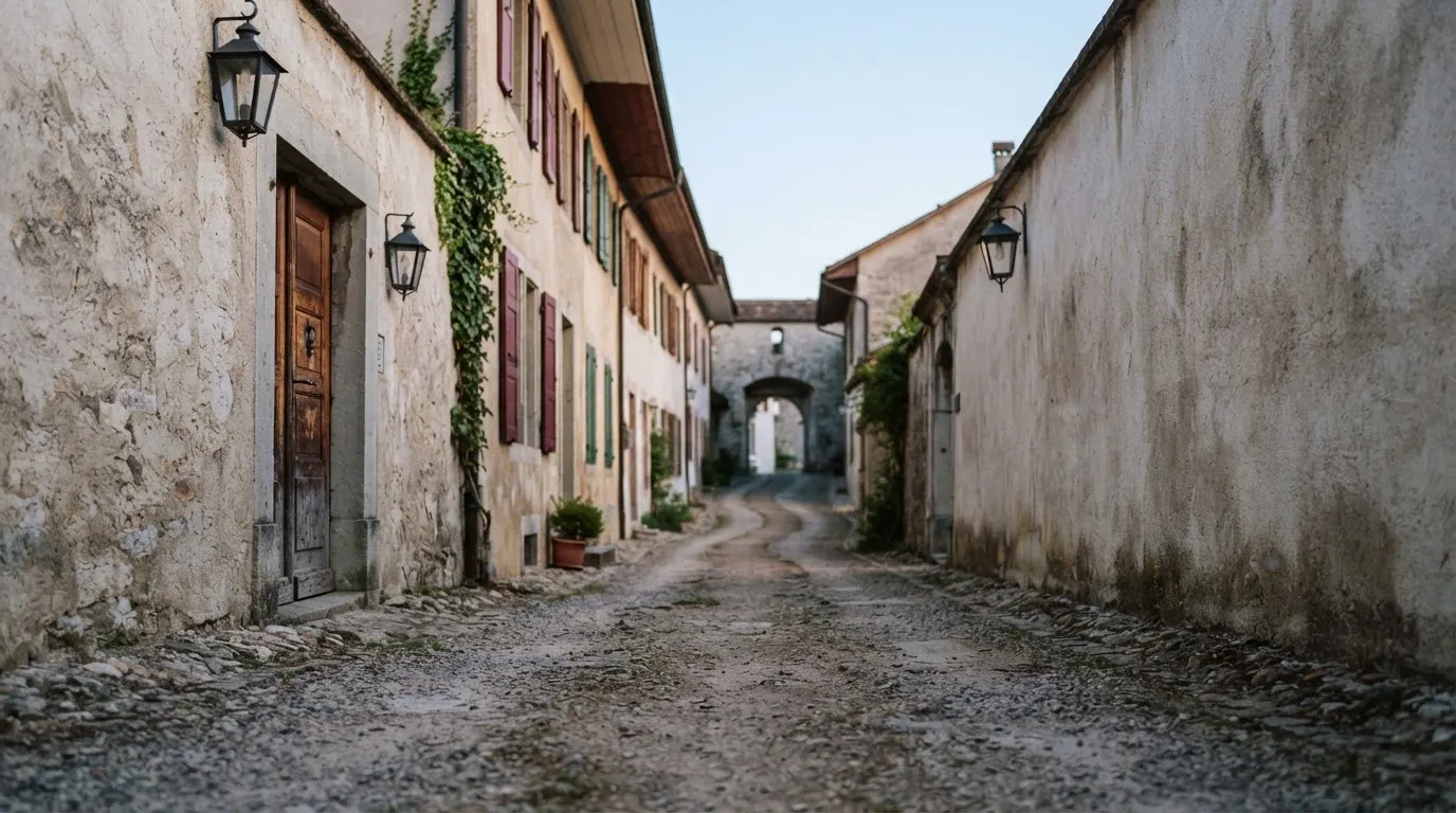 Ein schmaler Kiesweg führt zwischen zwei hellen Mauern durch eine Schweizer Altstadt, die Laternen sind noch nicht angezündet.