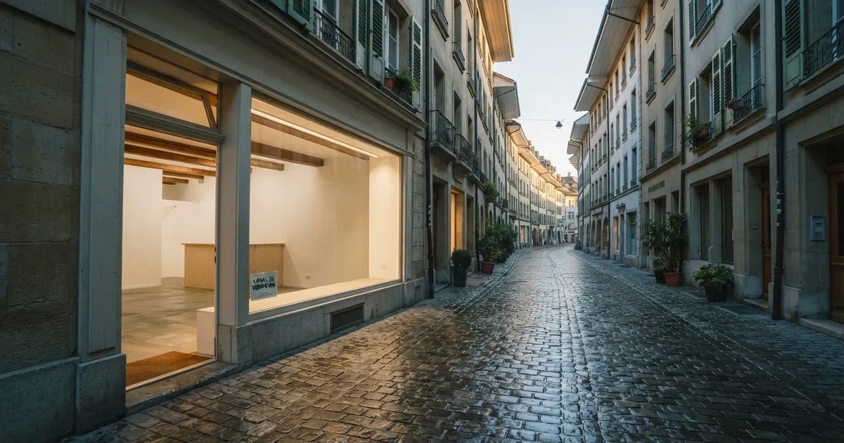 Eine Fussgängerstrasse in einer Schweizer Altstadt am frühen Morgen, nasses Kopfsteinpflaster und ein leeres Ladenlokal mit hellem Innenraum.