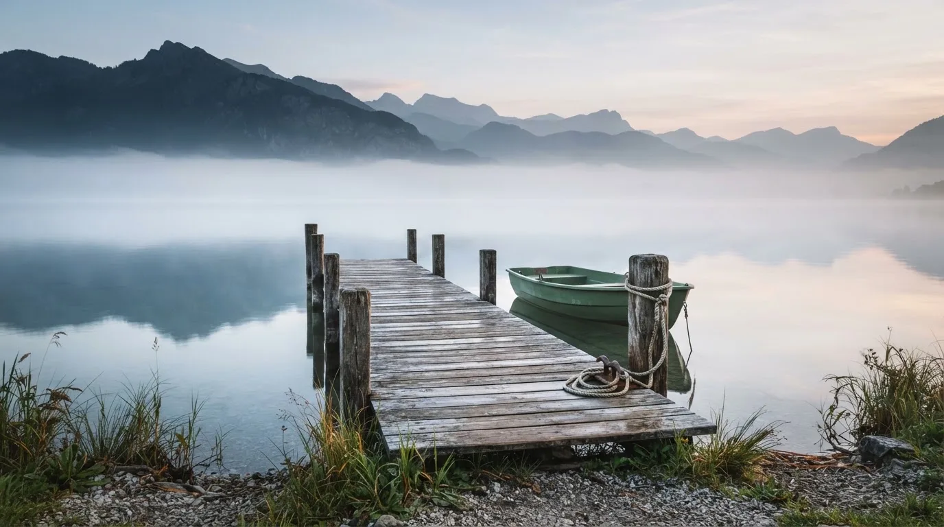 Ein Seeufer mit einem Holzsteg und einem vertäuten Ruderboot im Morgennebel, im Hintergrund die Silhouette von Bergen.