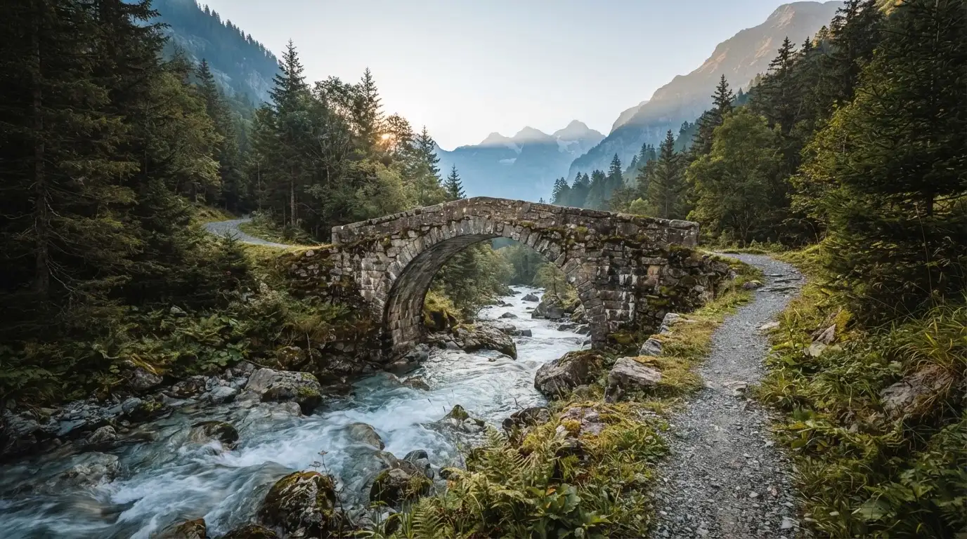 Eine Steinbogenbrücke überspannt einen Bergbach in den Alpen im Morgenlicht, an den Hängen stehen dunkle Nadelbäume.