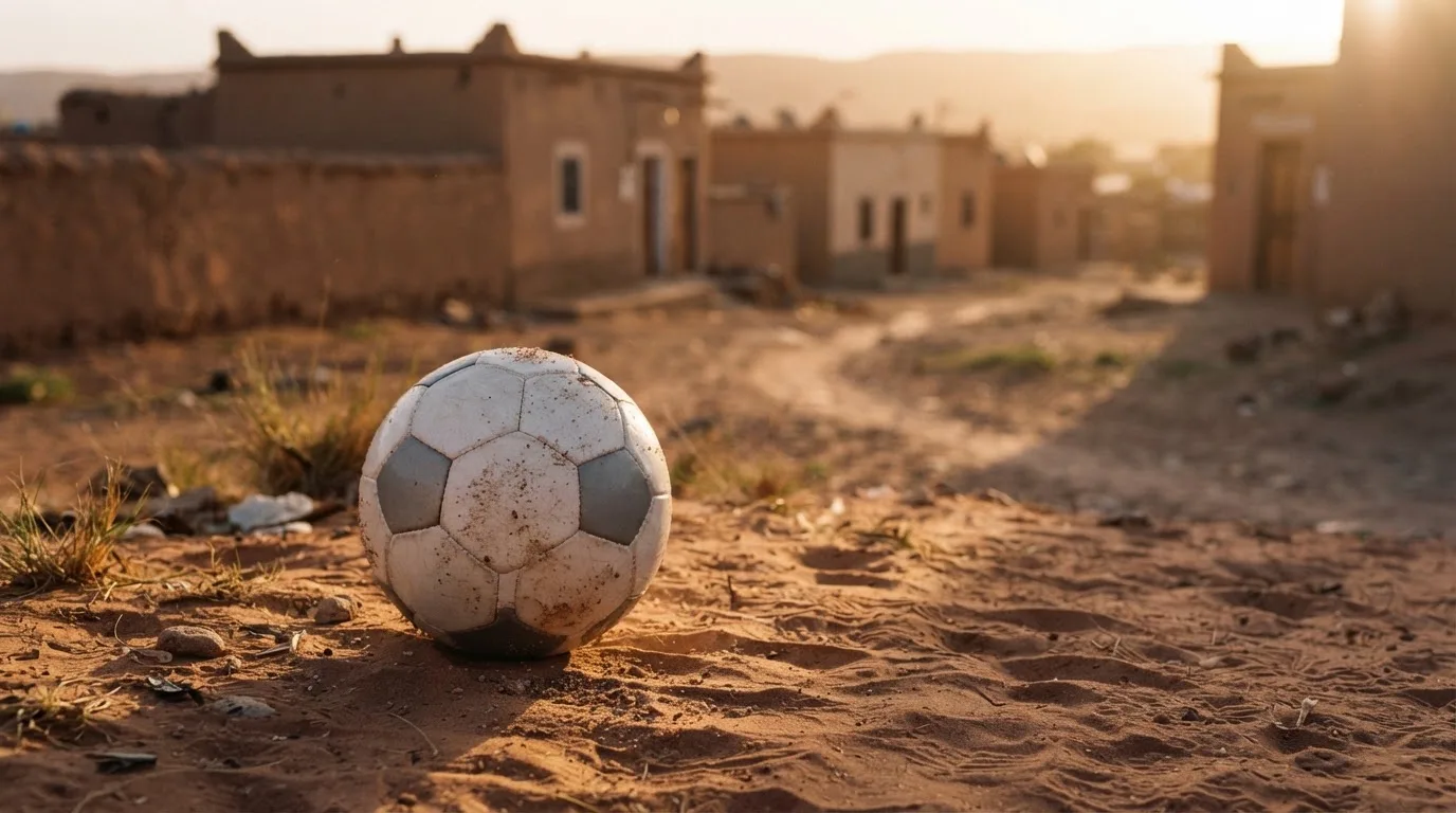 Ein Fussball liegt auf rotbraunem Sand am Rand eines Dorfes, die Abendsonne wirft lange Schatten.