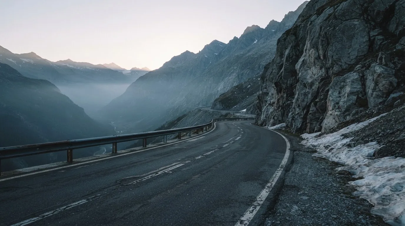 Ein Bergpass in den Schweizer Alpen mit leerer Strasse und Schneeresten am Rand im ersten Frühlicht.