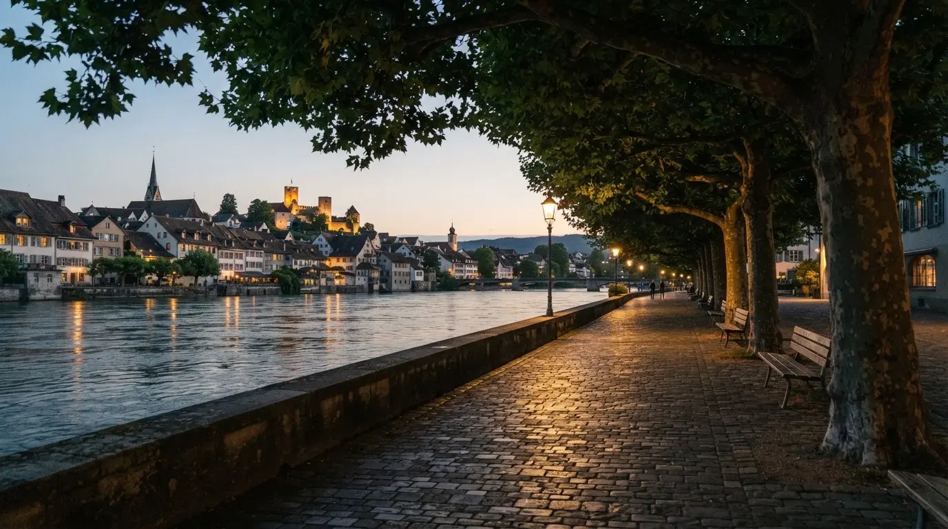 Eine Rheinpromenade mit hohen Bäumen am Abend, das Wasser spiegelt das Licht der ersten Laternen.