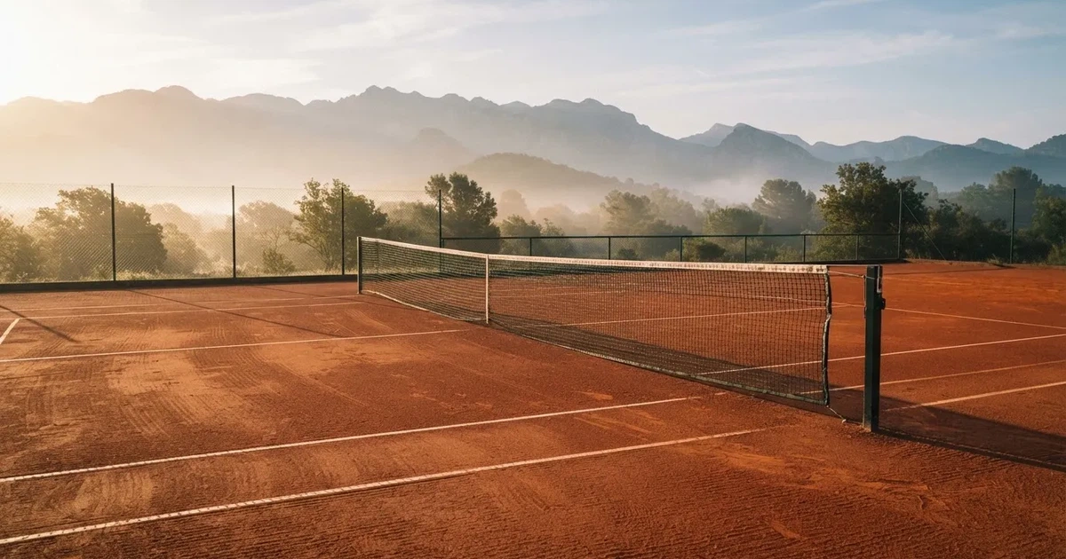 Ein Sandplatz im ersten Morgenlicht, die Linien sind frisch gezogen, das Netz bewegt sich leicht im Wind, Berge im Dunst.