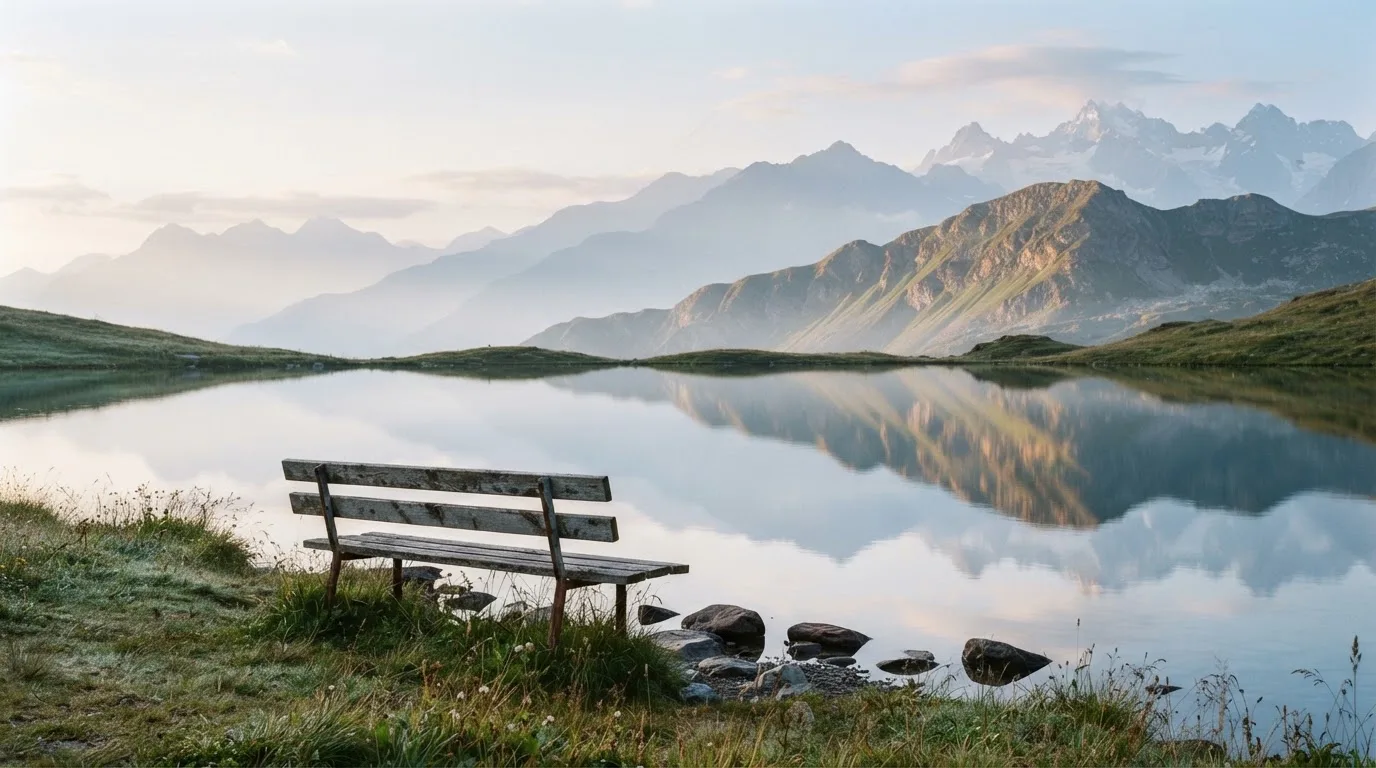 Eine Holzbank an einem Seeufer mit Blick auf eine Bergkette im Morgendunst, das Wasser ist spiegelglatt.