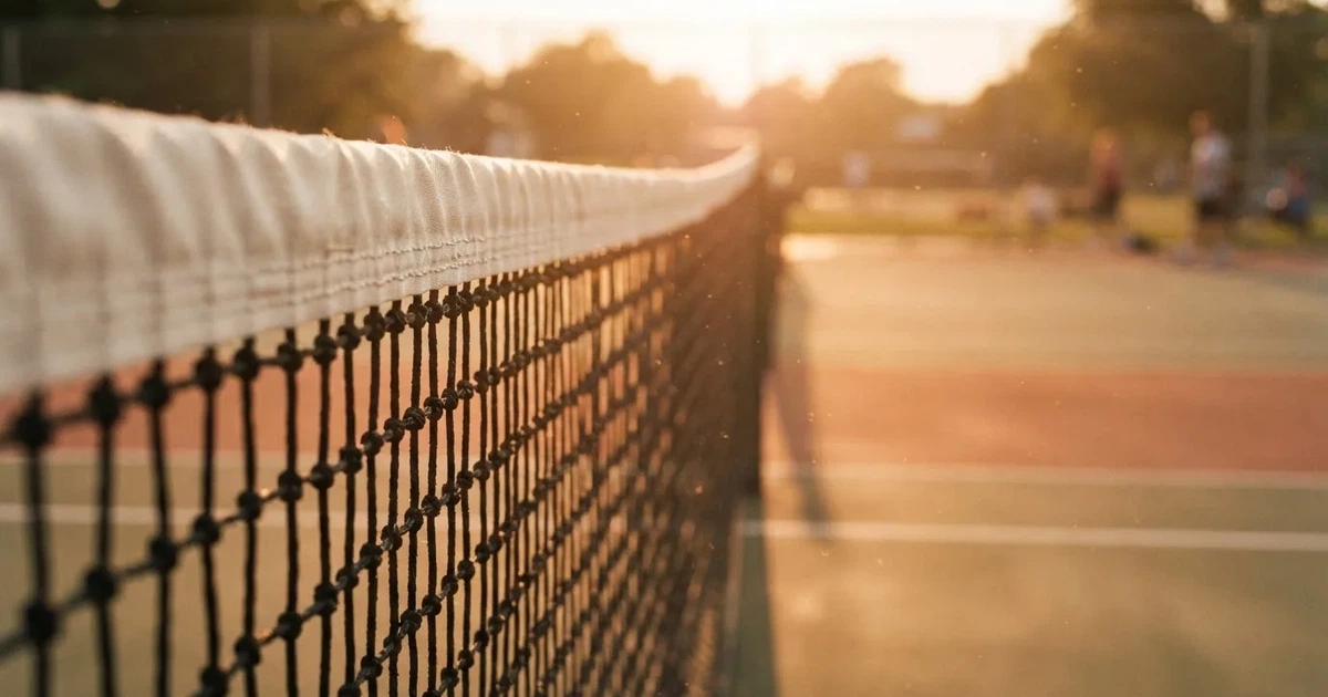 Ein Tennisnetz in Nahaufnahme im Gegenlicht der tiefstehenden Sonne, feine Staubkörner schweben über dem Platz.
