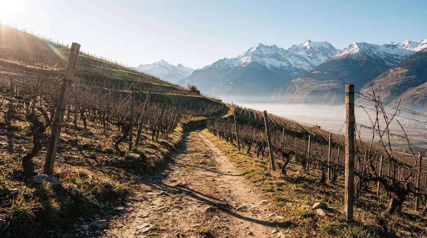 Ein Feldweg zwischen Weinreben im Wallis bei Sonnenaufgang, im Hintergrund hohe Berge und klare Luft.
