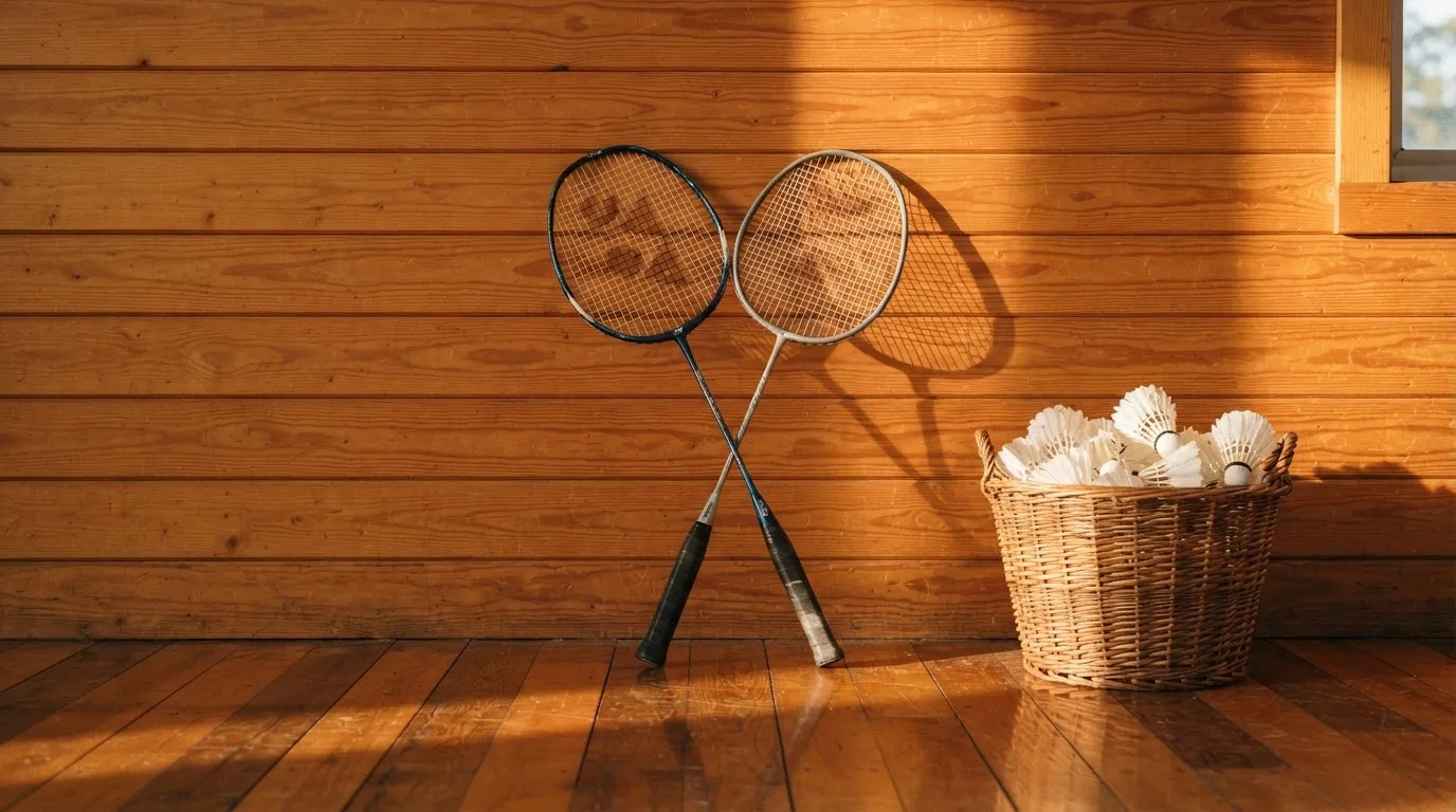 Zwei Badmintonschläger lehnen gekreuzt an einer Hallenwand aus Holz, daneben steht ein Korb mit Federbällen.
