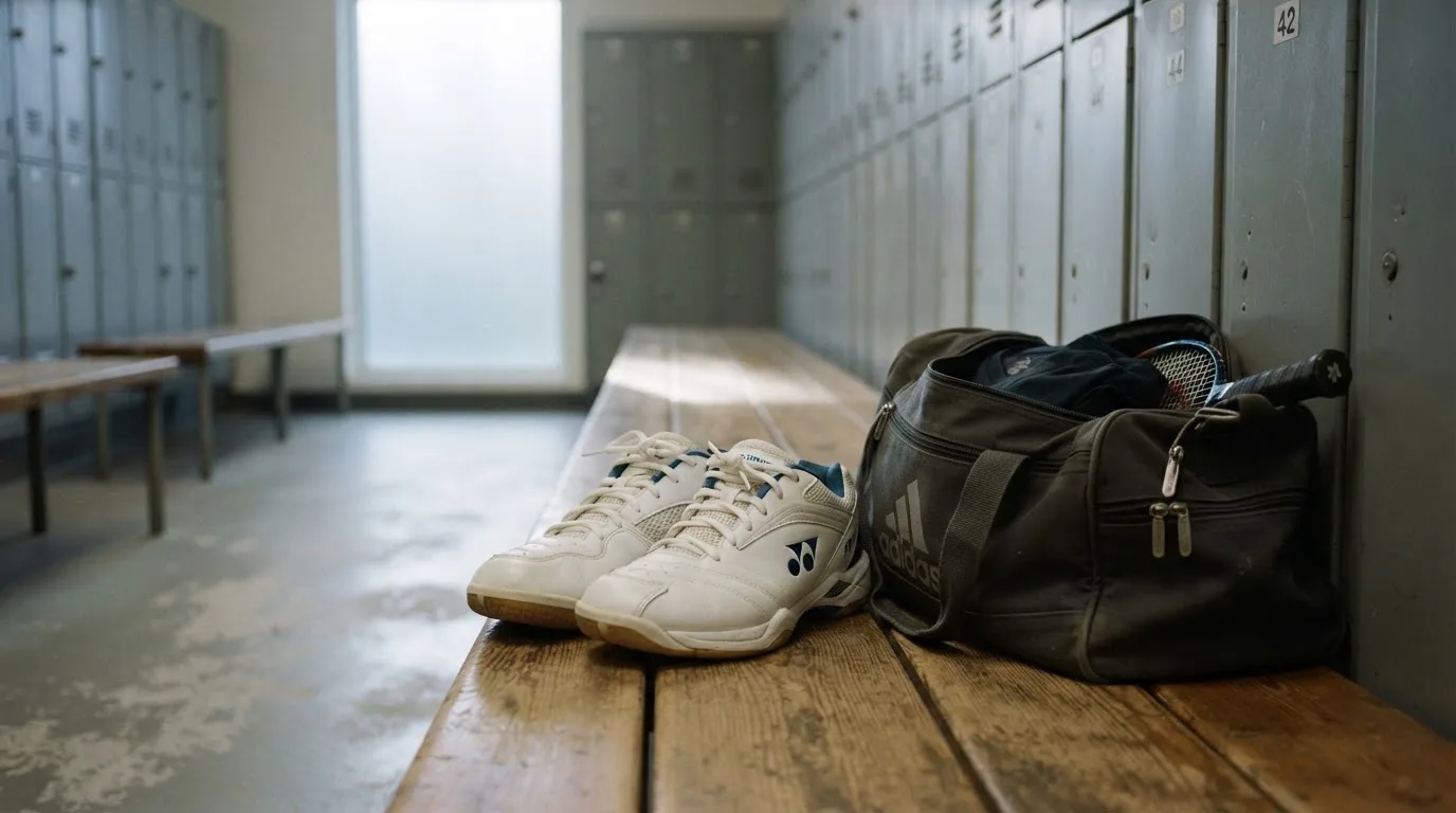 Ein Paar Hallenschuhe steht ordentlich neben einer Sporttasche auf einer Bank in einer leeren Garderobe, ein Fenster lässt Morgenlicht herein.