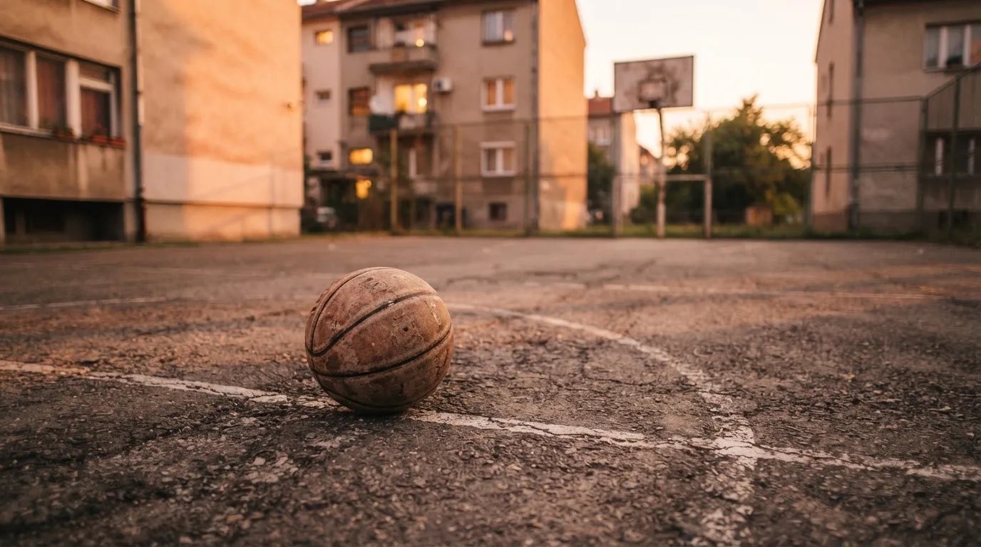 Ein Basketball liegt auf einem Asphaltplatz in einem Hinterhof zwischen Wohnblöcken, das Abendlicht färbt die Wände warm.