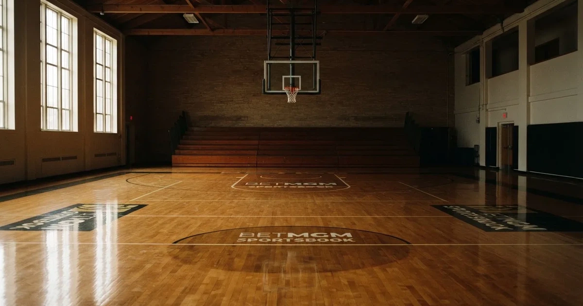 Ein Basketballkorb mit Netz in einer leeren Halle, Licht fällt von hohen Fenstern auf den glänzenden Parkettboden.