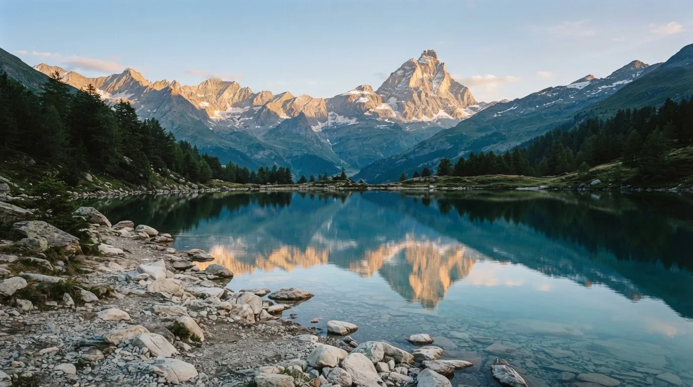 Ein Bergsee mit ruhigem Wasser und Gipfeln im Morgenlicht, am Ufer liegen glatte Steine.