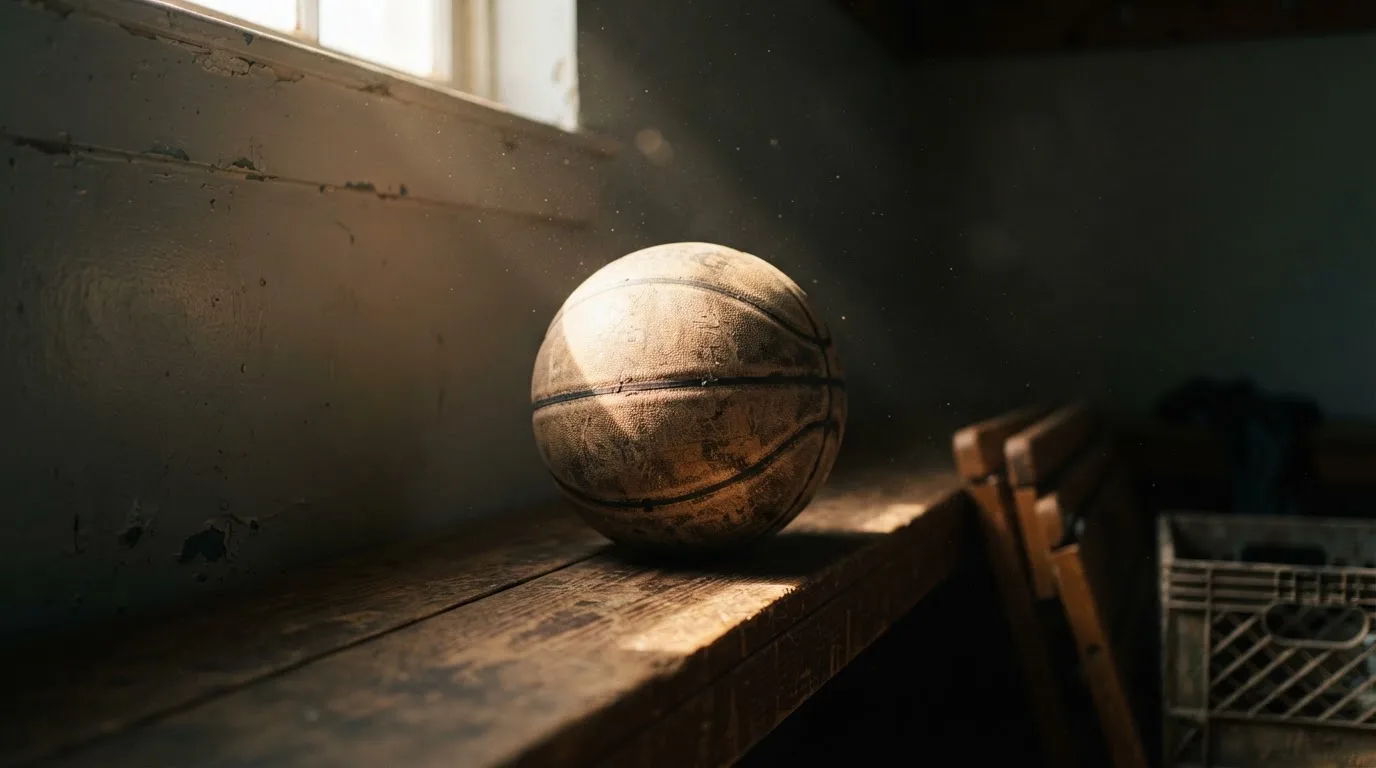 Ein abgenutzter Lederball liegt auf einem Holzregal in einem Vereinsraum, ein Sonnenstrahl macht den Staub sichtbar.