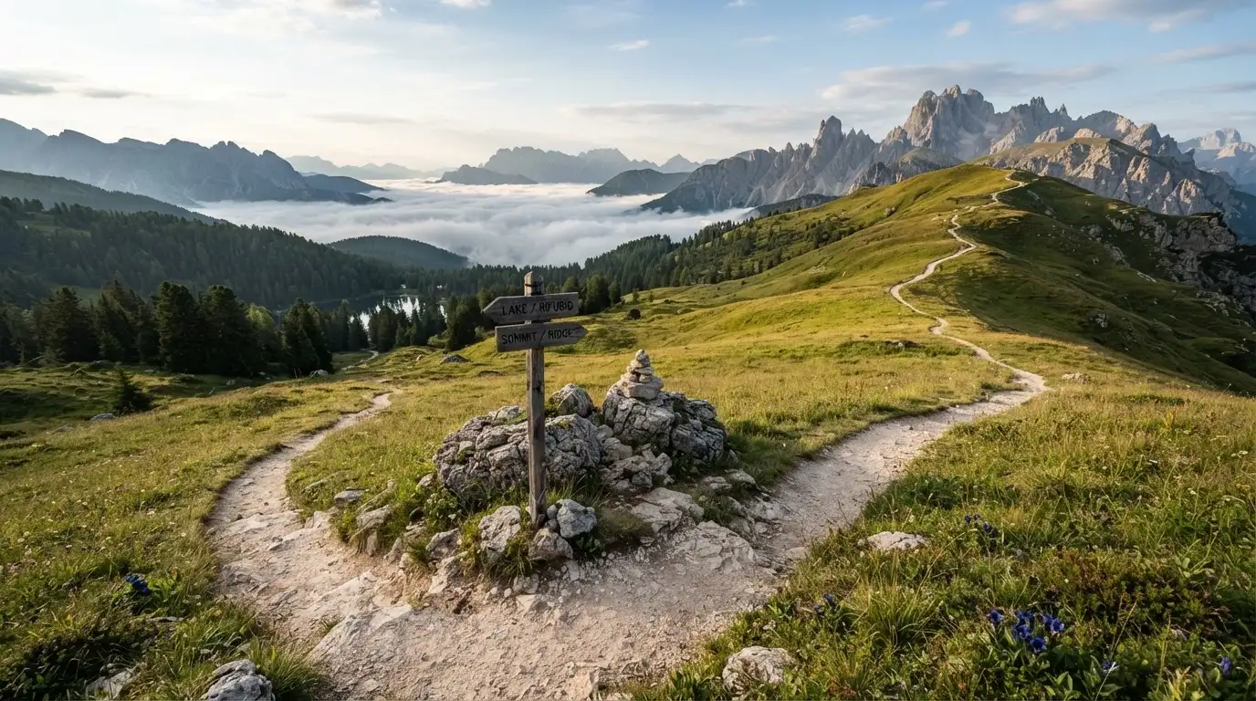 Eine Weggabelung auf einer Alpweide, zwei Pfade teilen sich zwischen Steinen, im Tal steigt Nebel auf.