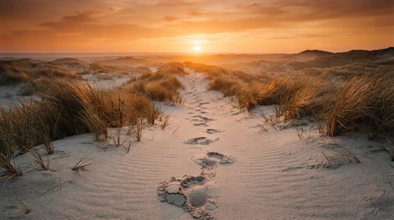 Spuren im Sand führen durch Dünengras auf den Horizont zu, die Sonne steht tief und färbt den Himmel orange.