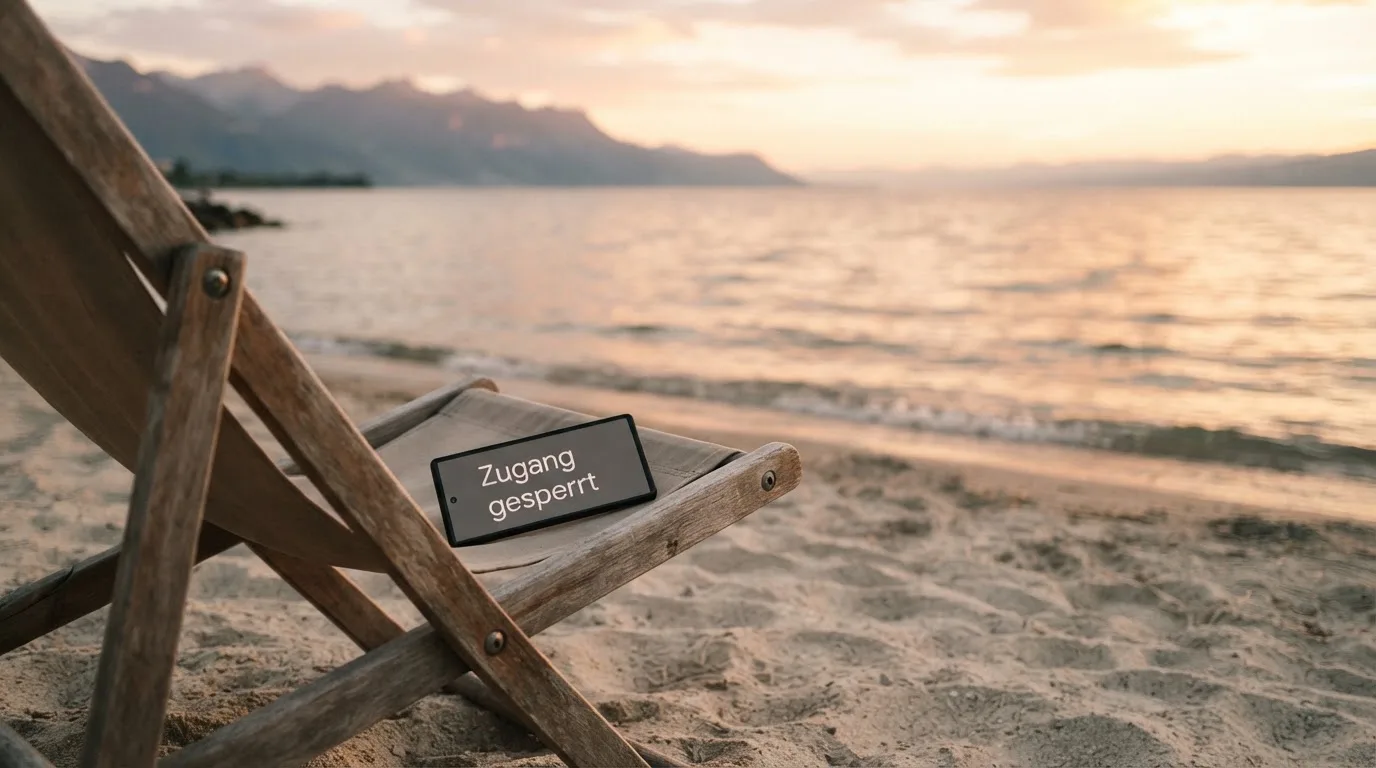 Ein leerer Liegestuhl aus Holz steht am Rand eines Sandstrands, Abendlicht und ruhige Wellen im Hintergrund.