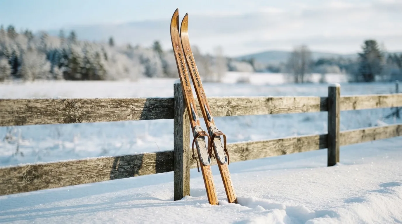 Ein Paar Langlaufskier steckt aufrecht im Schnee neben einem Holzzaun, die Sonne glitzert auf Eiskristallen.