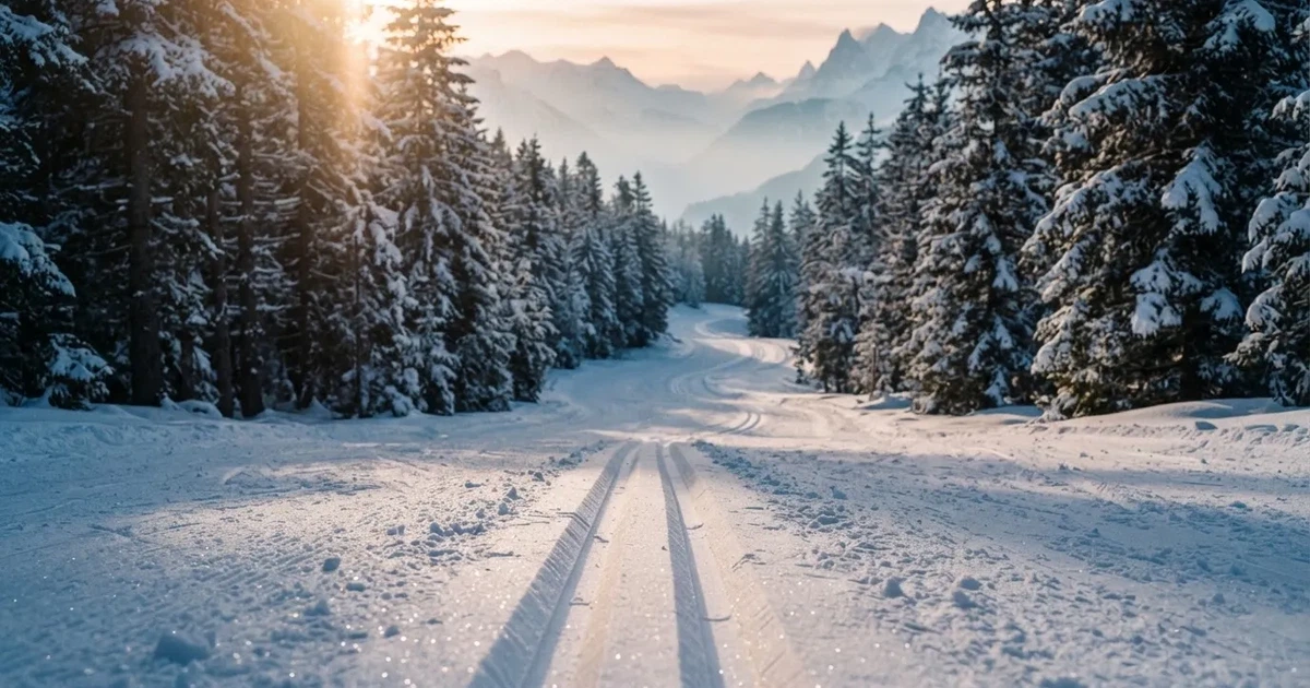 Eine verschneite Langlaufloipe führt durch Tannenwald im Morgenlicht, frische Spuren im Schnee, dahinter Berge im Dunst.