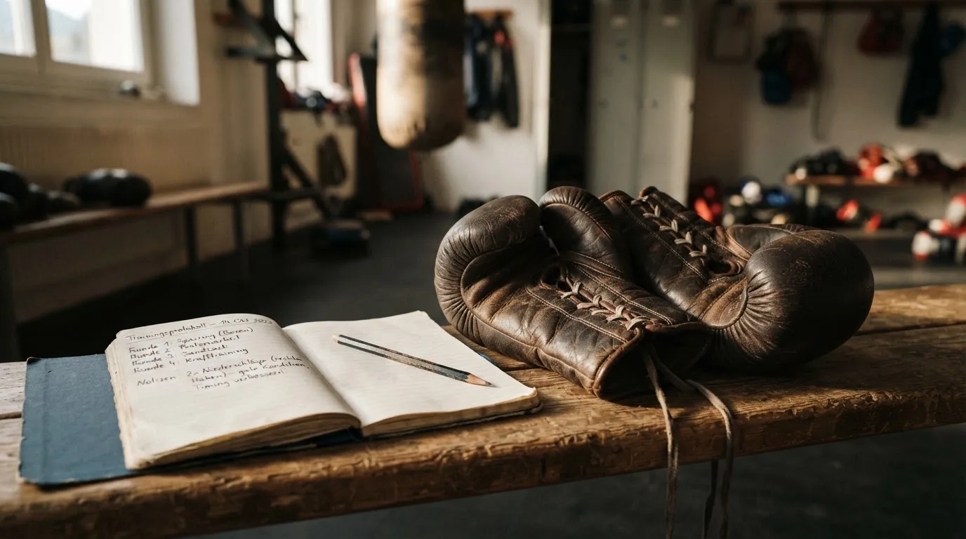 Ein Paar Boxhandschuhe aus Leder liegt auf einer Holzbank neben einem Notizbuch mit handgeschriebenen Zeilen, warmes Fensterlicht