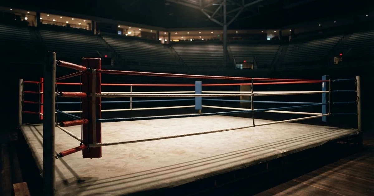 Ein leerer Boxring mit gespannten Seilen unter hellem Hallenlicht, dahinter ansteigende Zuschauerränge in einer grossen dunklen Halle