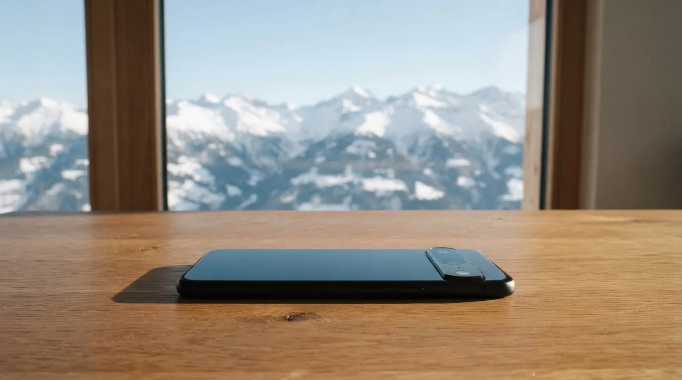Ein Smartphone mit dunklem Bildschirm liegt auf einem Holztisch vor einem Fenster mit Blick auf schneebedeckte Gipfel