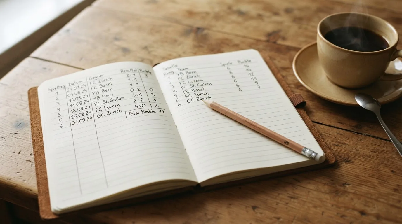 Ein aufgeschlagenes Notizbuch mit handgeschriebenen Spalten und ein Bleistift neben einer Tasse Kaffee auf einem Holztisch am Morgen