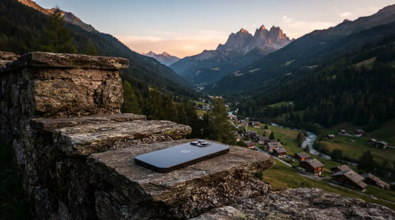 Ein Smartphone mit dunklem Display liegt auf einer Steinmauer, dahinter ein Alpental im Abendlicht