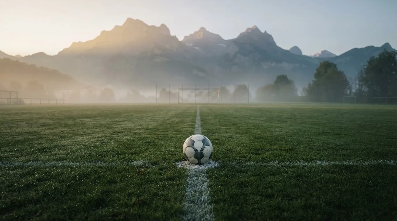 Ein einzelner Fussball auf dem Mittelpunkt eines leeren Rasens im Morgennebel, hinter dem Tor ragen Berge auf