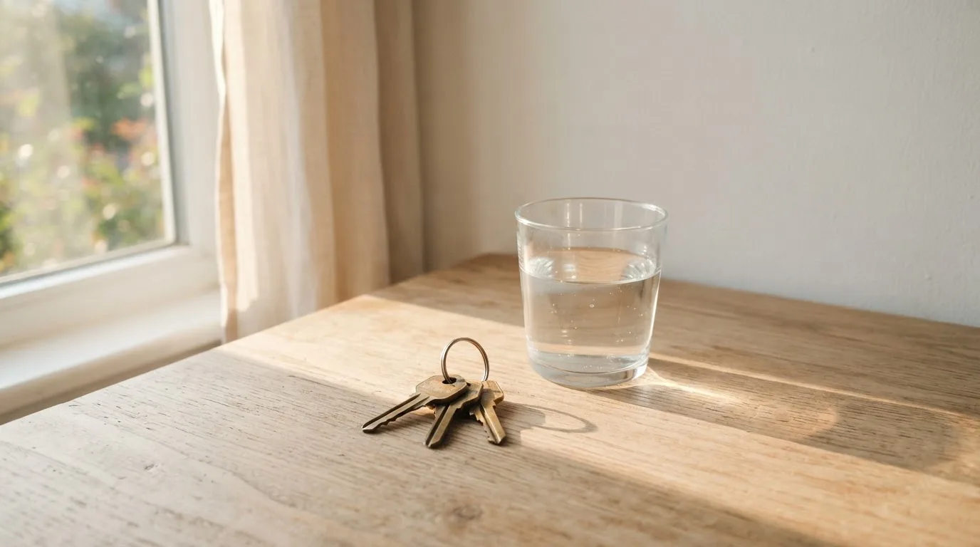 Ein Schlüsselbund und ein Glas Wasser stehen auf einem Holztisch im Licht eines Fensters