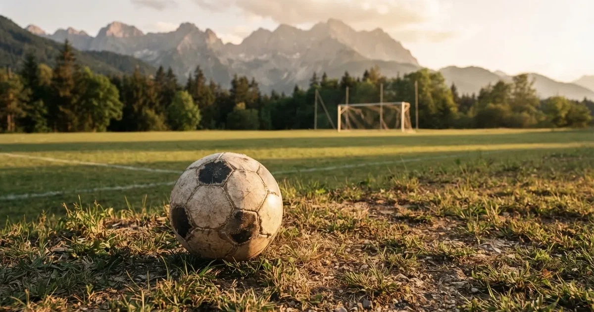 Ein Fussball auf einem staubigen Rasenstück in der Abendsonne, im Hintergrund eine hohe Bergkette