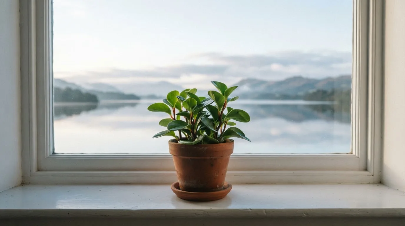Eine Topfpflanze auf einem Fensterbrett mit weitem Blick über einen stillen See am Morgen